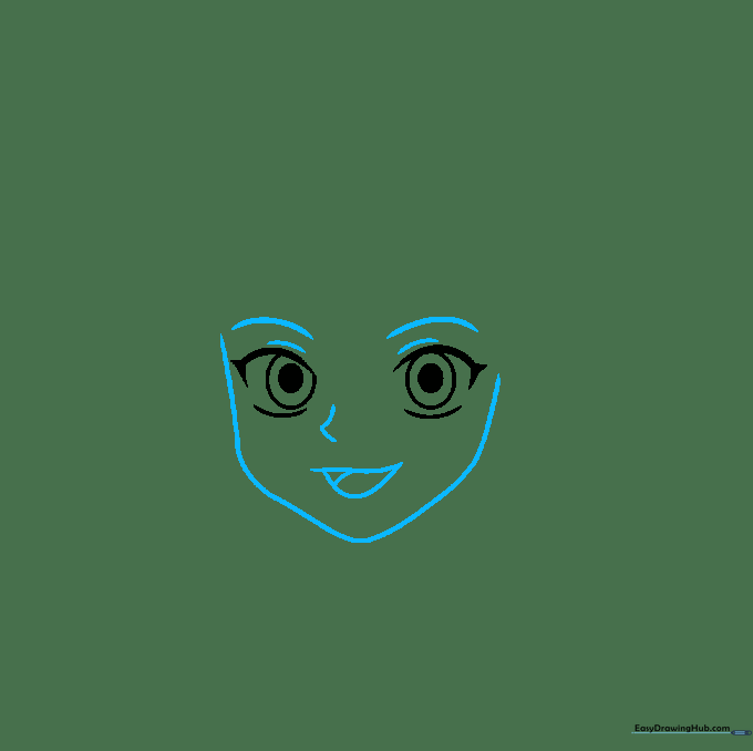 Pencil outline of Killua's face shape, nose, and mouth, showing the transition from eyes to jawline.