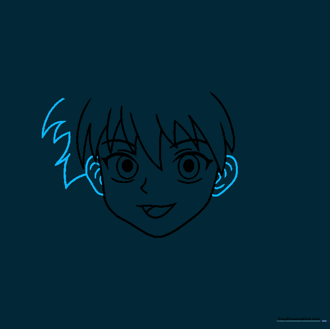 Pencil sketch detailing the ears and the side sections of Killua's hair.