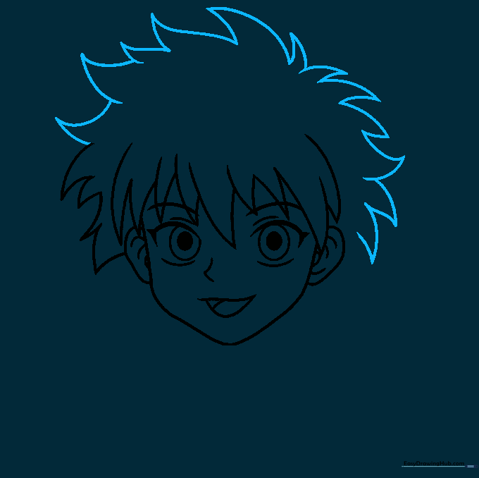 Pencil sketch showing the completed top section of Killua's spiky hair.