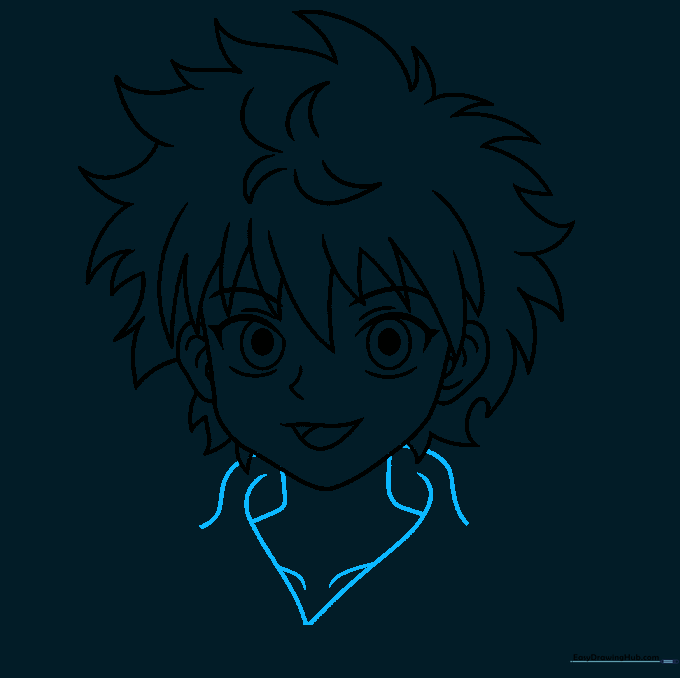 Pencil sketch of Killua's neck and collar area, showing the start of his clothing.