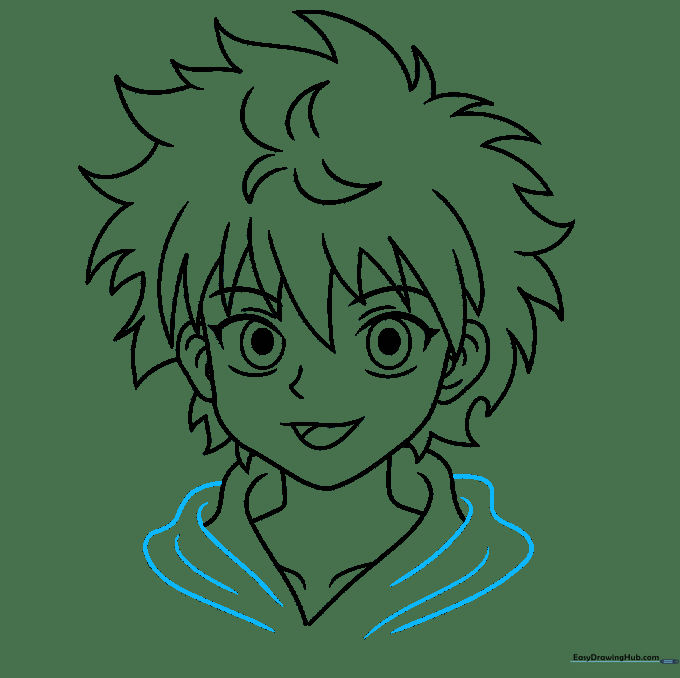 Pencil sketch showing the added wavy details on Killua's clothing near the neck.