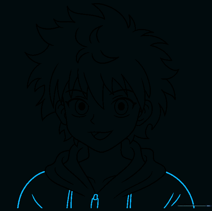 Finalized black ink outline of the Killua Zoldyck drawing.