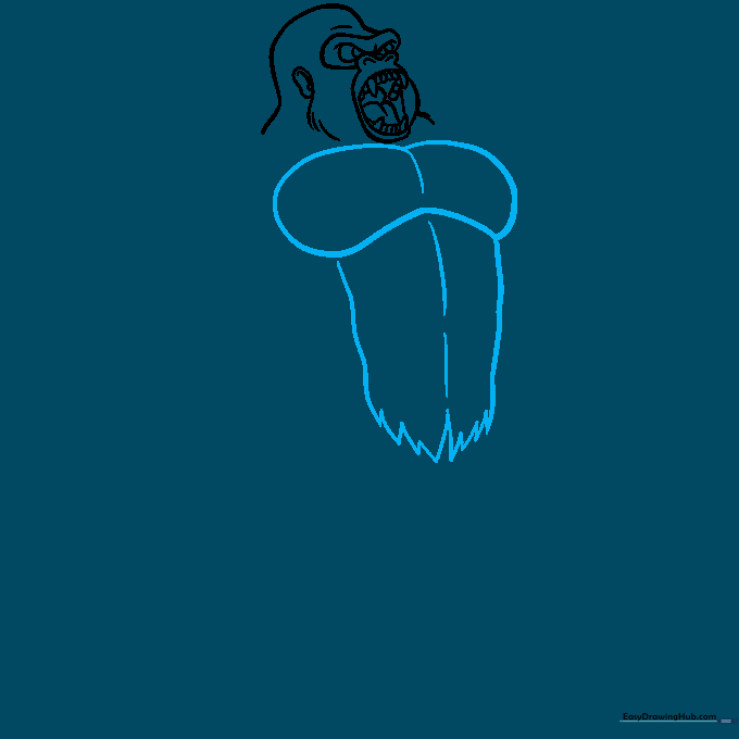 Sketching the pectoral muscles and abdominal definition on King Kong's chest.