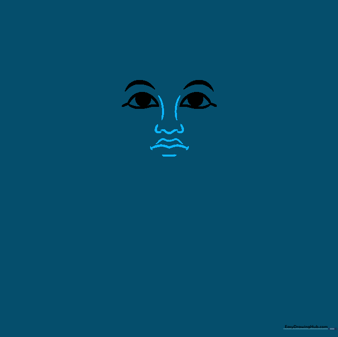 Sketch of King Tut's nose, mouth, and chin details, emphasizing the M-shaped lip line.