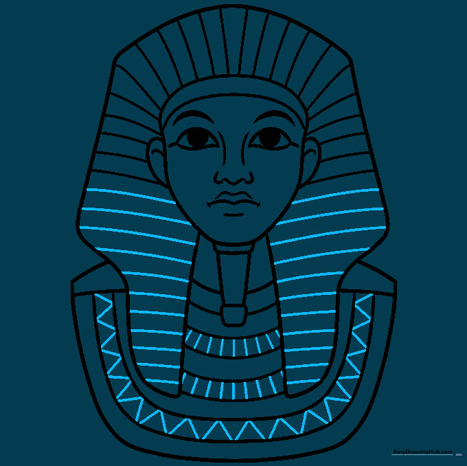 Adding detailed parallel lines and geometric patterns to the pharaoh's headcloth and chest.