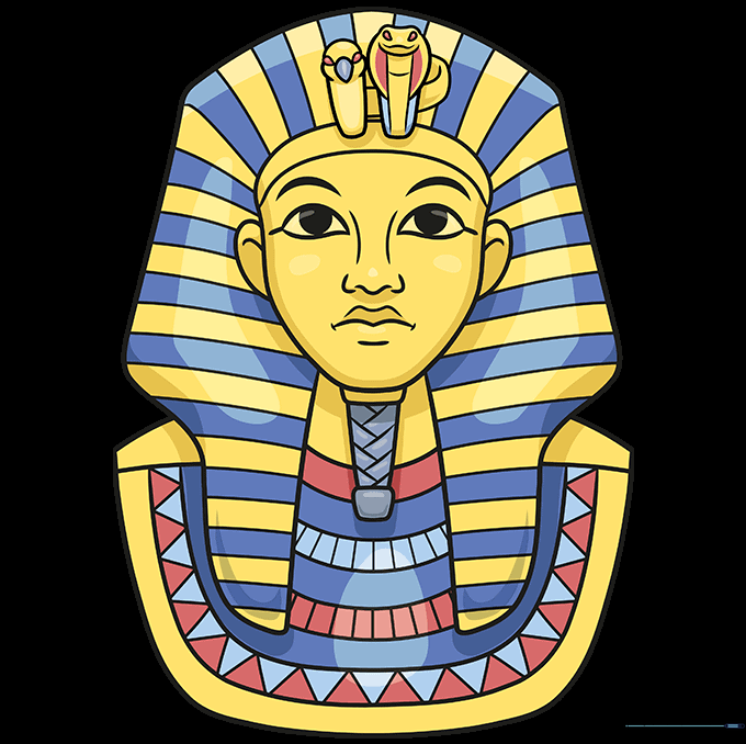 The completed King Tut drawing, fully colored with gold, blue, and reddish-brown tones.