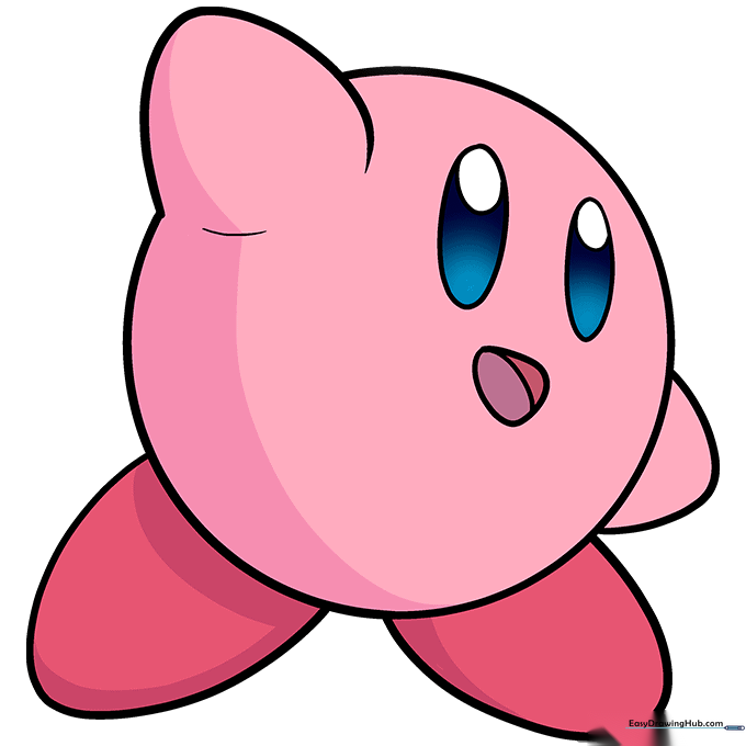 A fully colored, vibrant Kirby drawing with blue eyes and a bright pink body.