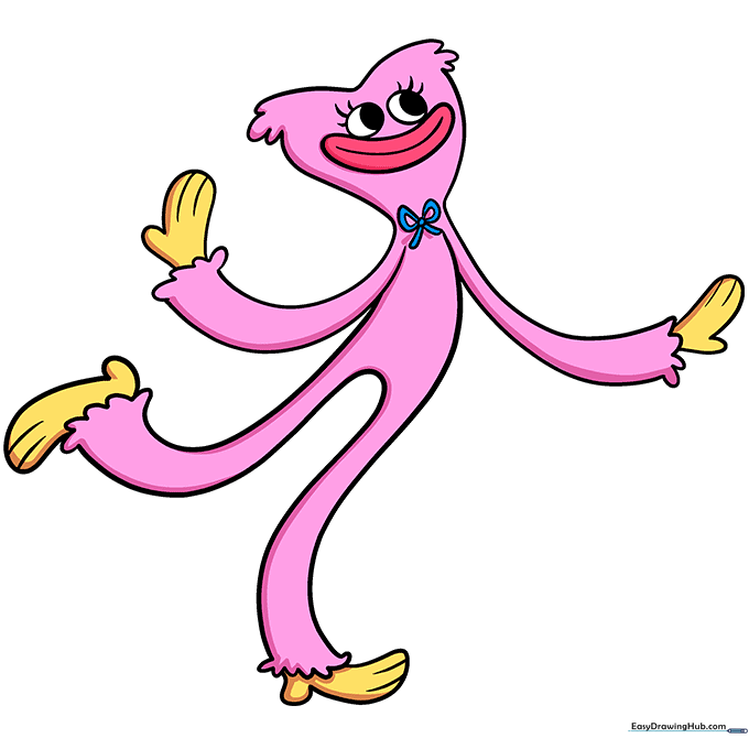 The finished, colored Kissy Missy character with pink fur, blue bow, and yellow hands and feet.