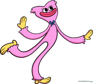 A vibrant, finished drawing of the character Kissy Missy, showcasing her pink fur and blue bow.