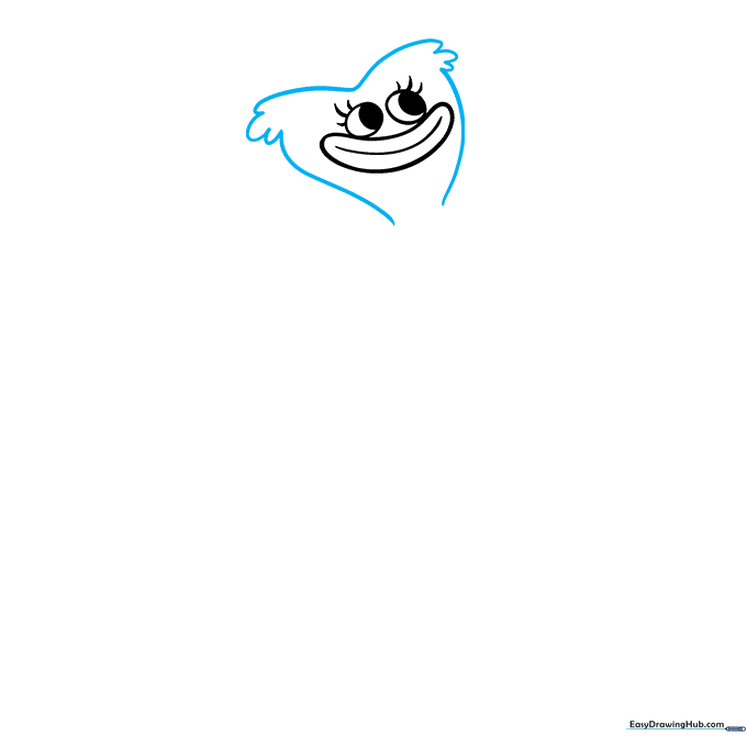 Drawing the head outline with fuzzy, U-shaped edges surrounding the previously drawn face.