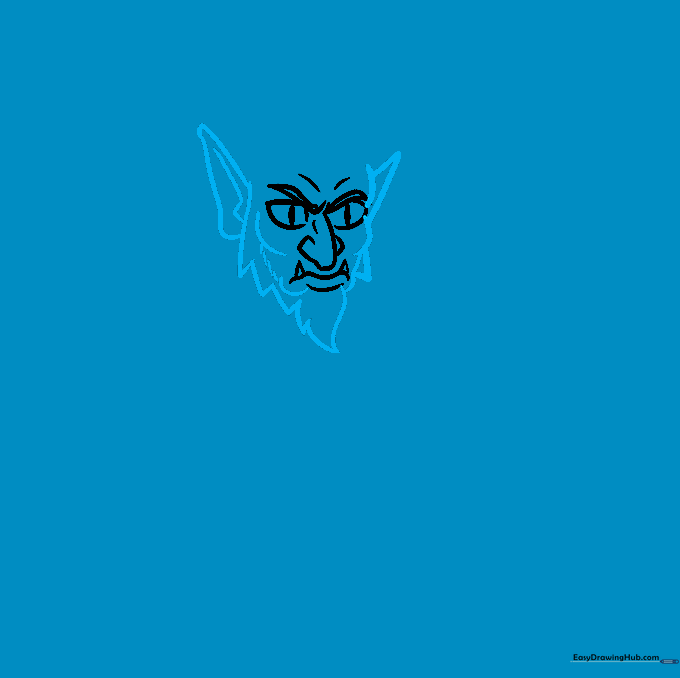 Sketch of Krampus's head showing pointed ears and a rough, jagged beard shape.