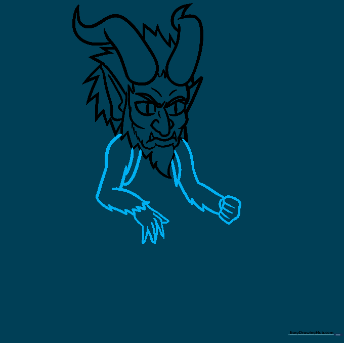 Upper body sketch of Krampus showing shoulders, arms, and barrel straps.