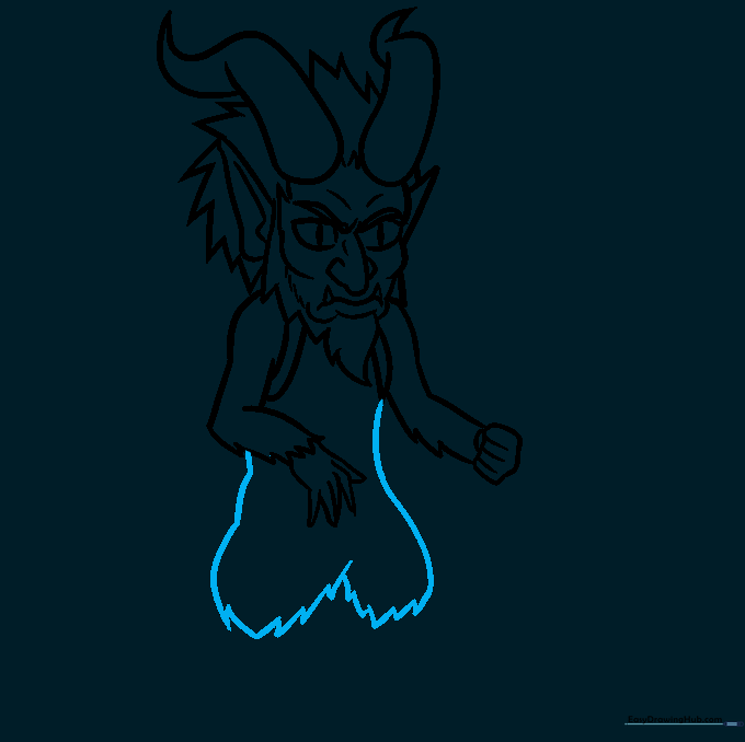 Sketch showing the torso and shaggy fur of Krampus's lower body.