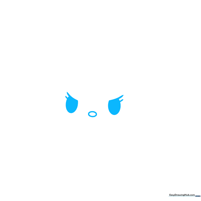 Close-up sketch of Kuromi's eyes and nose showing initial placement and shading technique.