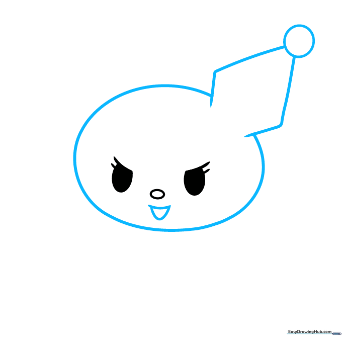 Sketch showing the outline of Kuromi's face and the first diamond-shaped ear structure.