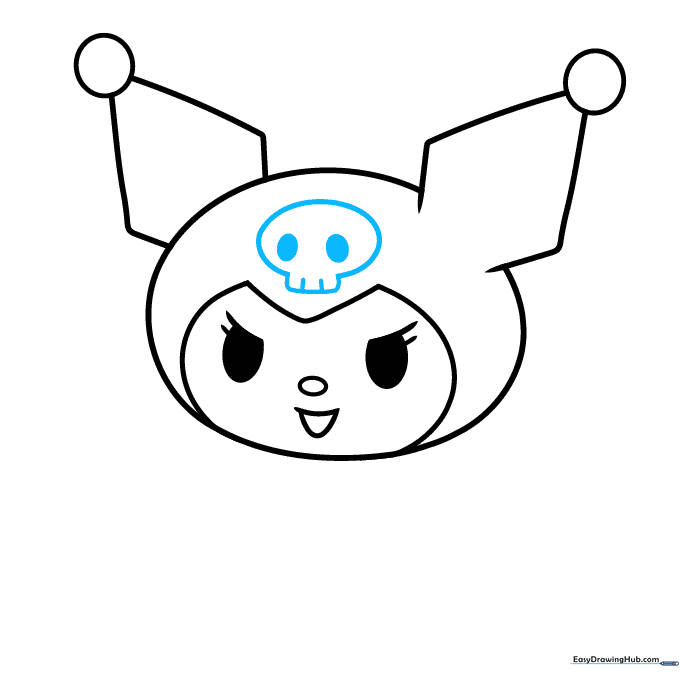 Detail view of the skull emblem being drawn on Kuromi's hat.