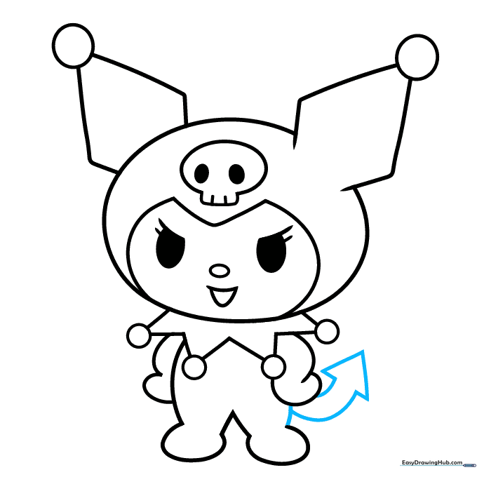 Drawing the arrow-shaped tail to complete the character outline.