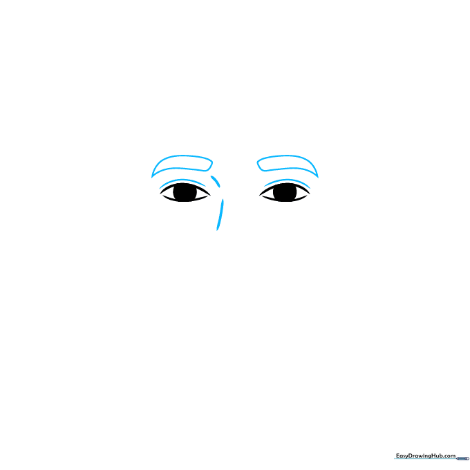 Adding thick, expressive eyebrows and the bridge of the nose to the facial sketch.