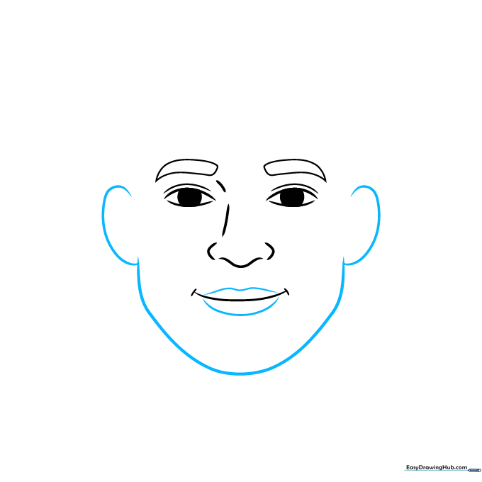 Drawing the jawline, chin, and ears to frame the face.