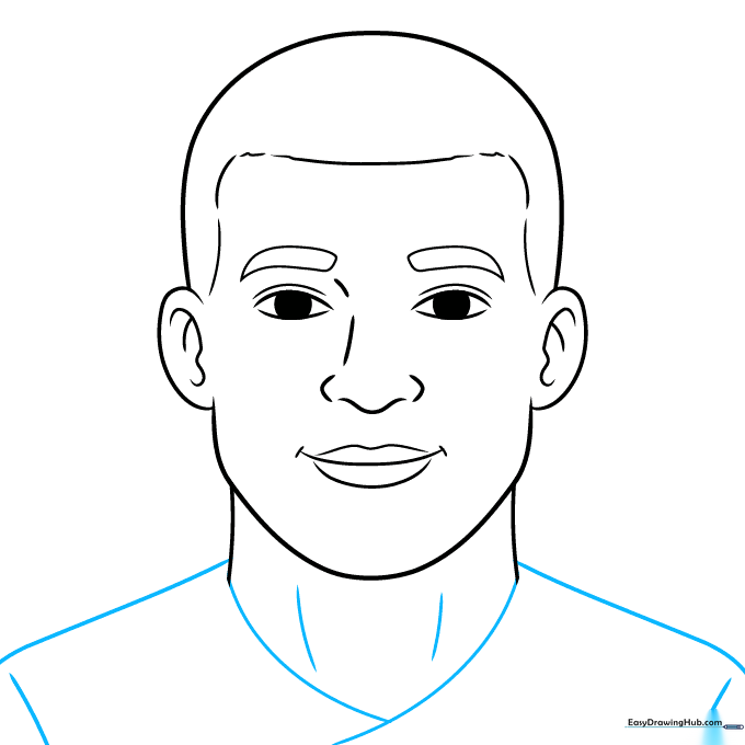 Drawing the shoulders and the collar of a soccer jersey.