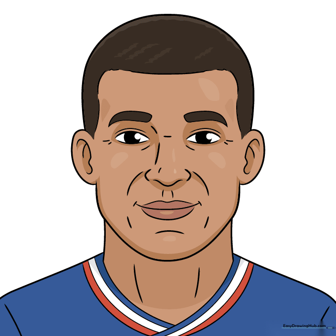 A finished, colored portrait of Kylian Mbappe wearing a soccer jersey.