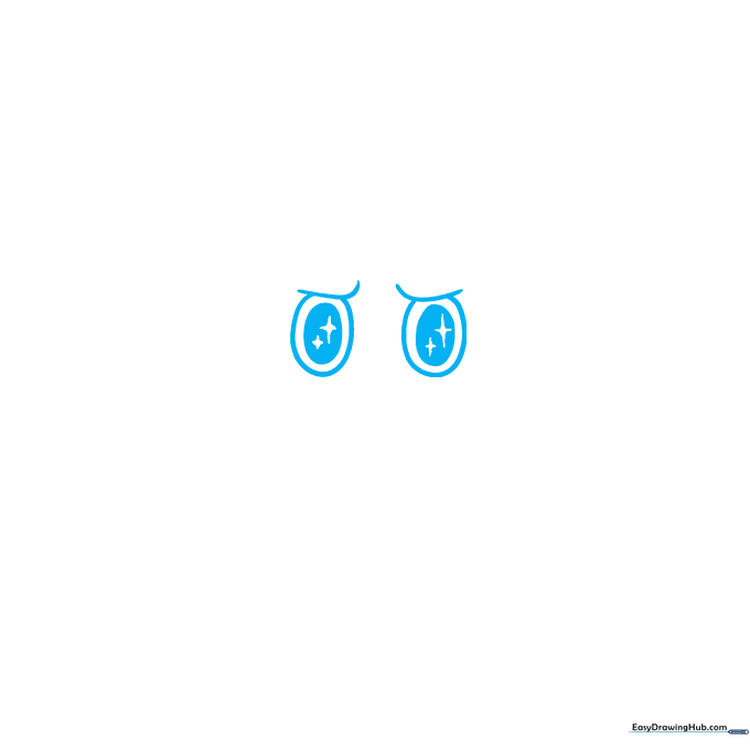 Pencil sketch showing two large oval eyes with star-shaped highlights for a Labubu character.