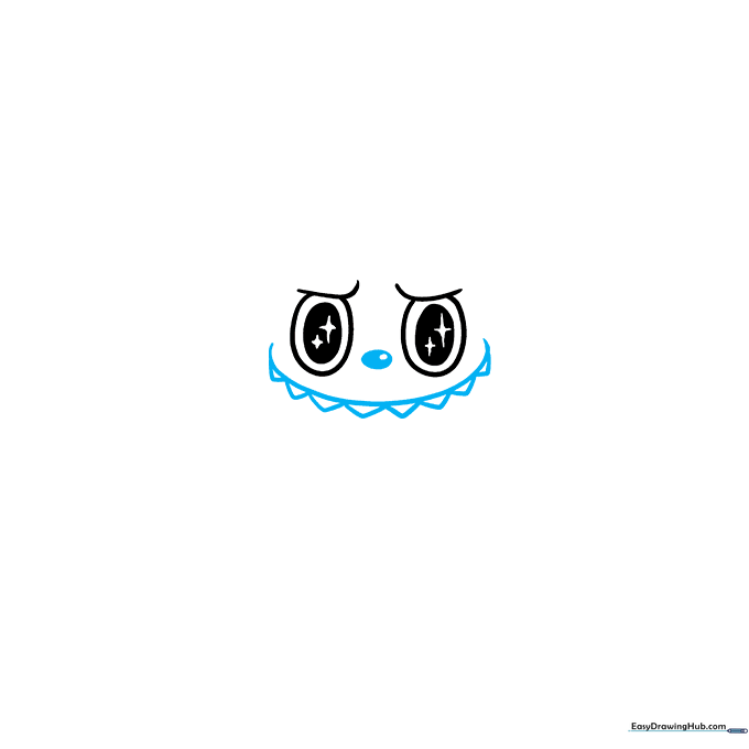Detailed view of the nose and wide, toothy grin being added to the Labubu face sketch.