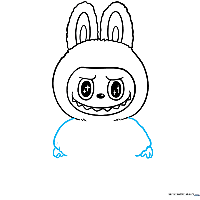 Fuzzy arms being drawn with wavy lines and small finger details.