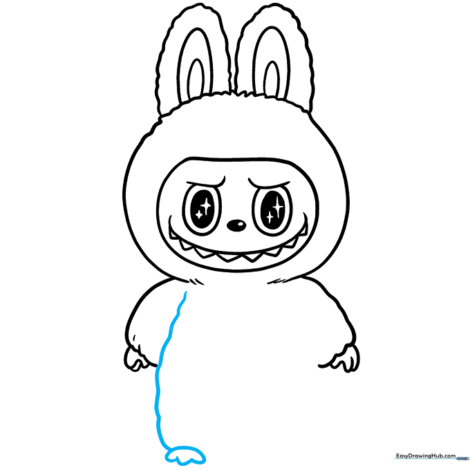 The first leg and a three-toed foot being added to the Labubu body outline.