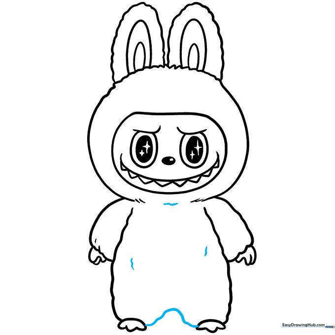 The completed line art of Labubu, with all body parts connected and textured.