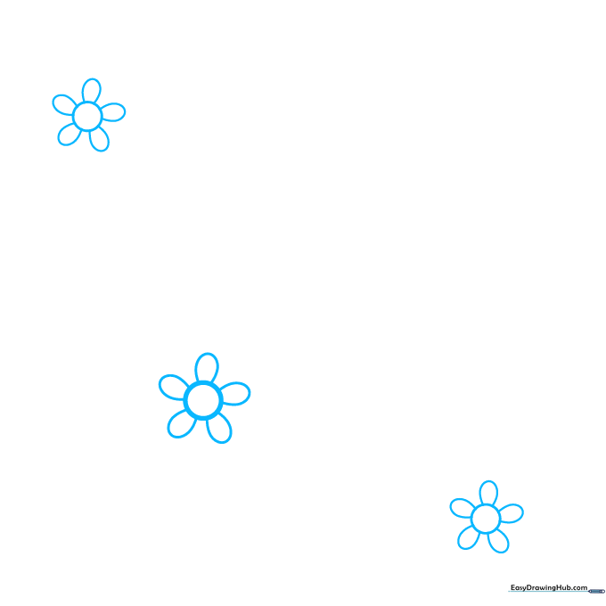 Pencil sketch of three small daisy flowers with oval petals on white paper.