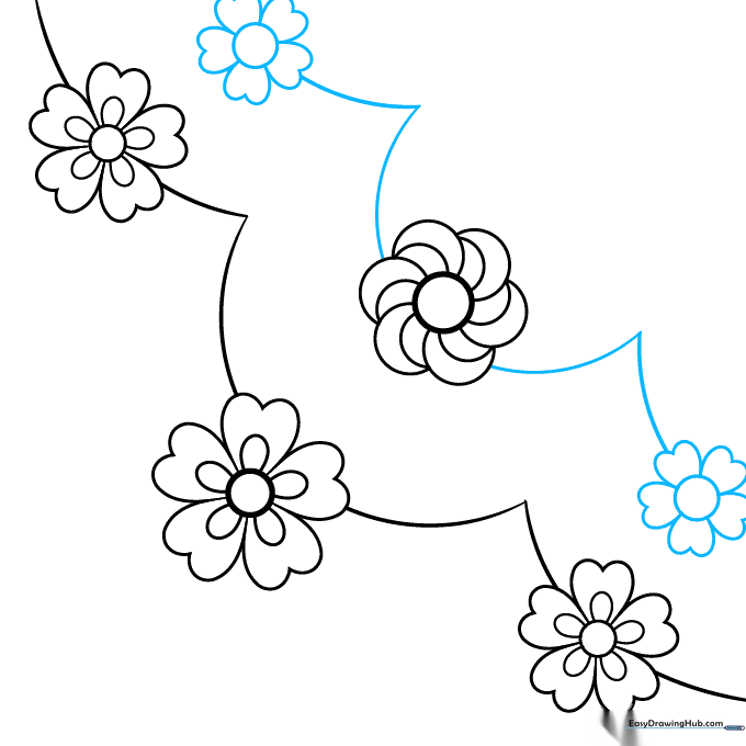 Adding additional daisy flowers and extending the scalloped border pattern.