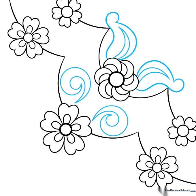 Drawing intricate spiral details and leaf shapes with central veins.