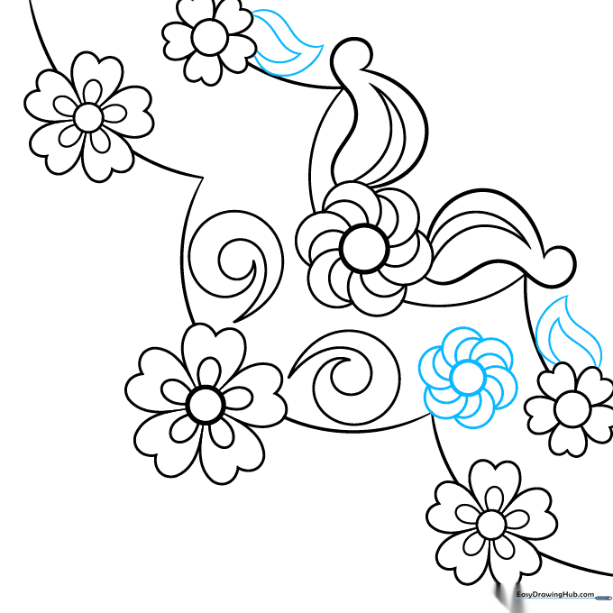 Adding smaller moonflowers and additional leaves to fill empty spaces in the design.
