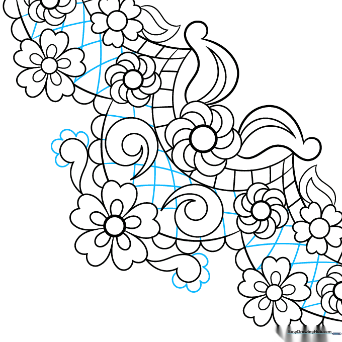 Completing the lace design with a diagonal net pattern and final decorative accents.
