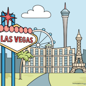 Colorful, completed illustration of the Las Vegas skyline featuring the welcome sign and famous landmarks.