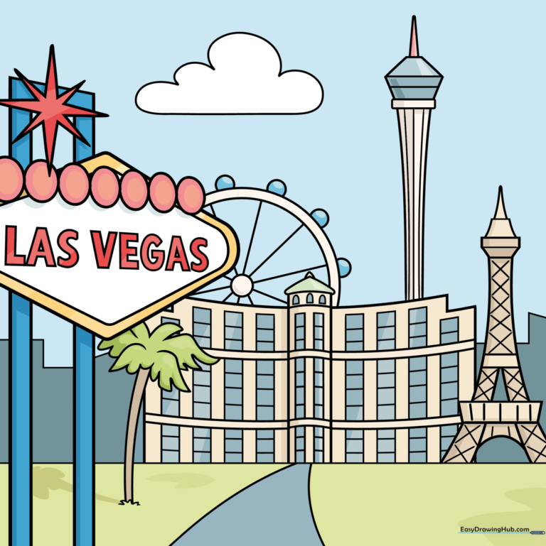 Colorful, completed illustration of the Las Vegas skyline featuring the welcome sign and famous landmarks.