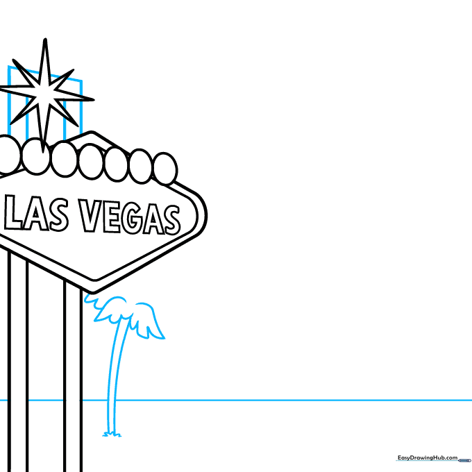 Drawing a horizon line and a cartoon palm tree next to the Las Vegas sign.