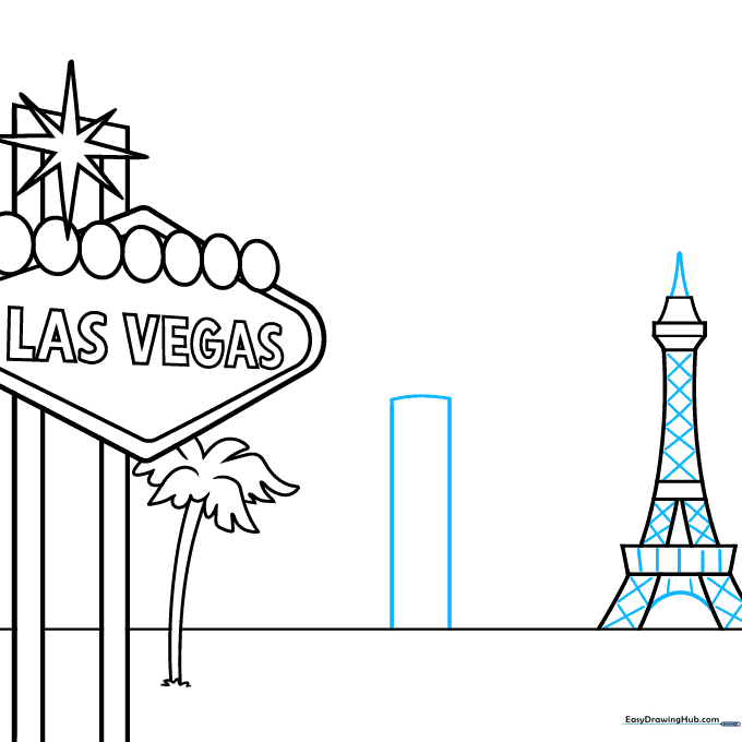 Adding cross-hatch texture to the tower and the outline of the Bellagio hotel.