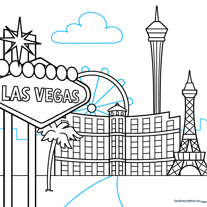 Completed Las Vegas skyline drawing with Ferris wheel spokes, clouds, and a road.