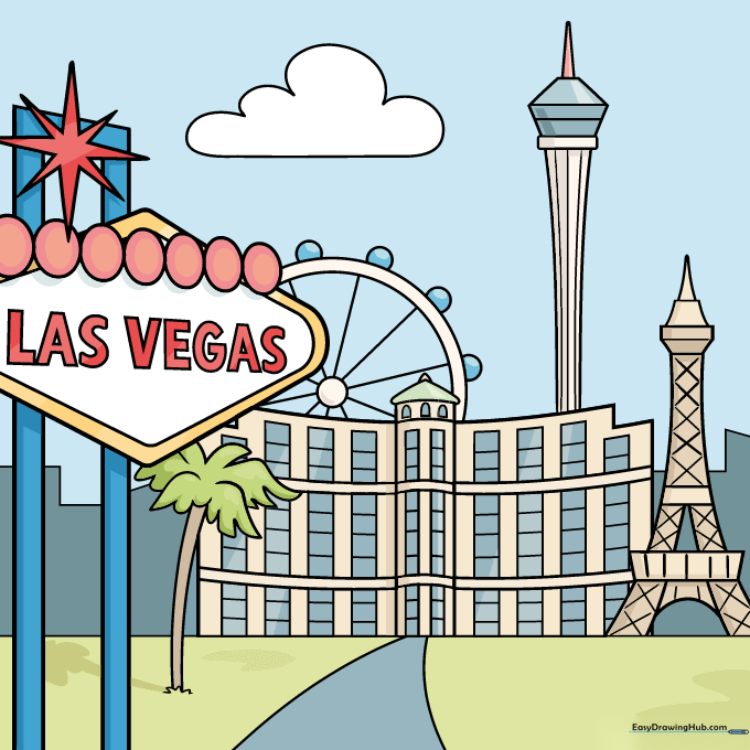 Finished, colorful drawing of the Las Vegas skyline with vibrant markers.