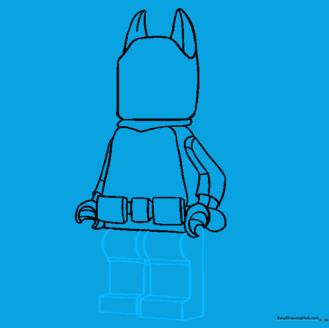 Sketching the blocky legs of the Lego Batman figure.