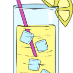 A colorful, finished illustration of a glass of lemonade with ice and a lemon slice.