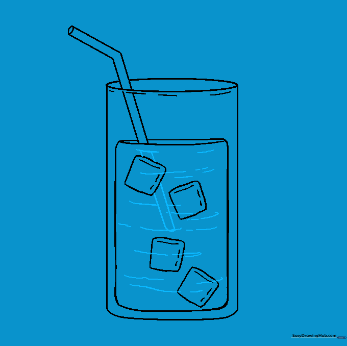 The straw completed, showing it passing behind the ice cubes inside the glass.