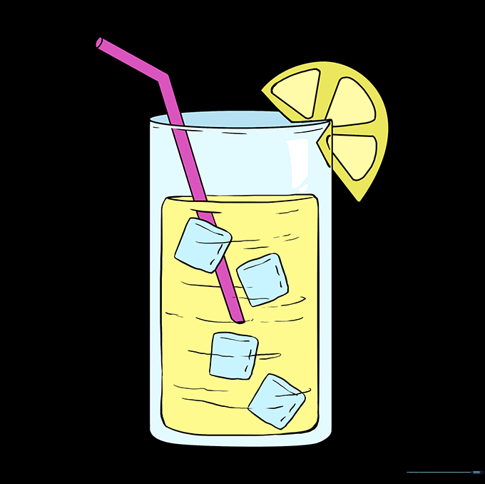 A fully colored, vibrant drawing of a glass of lemonade with a lemon slice garnish.