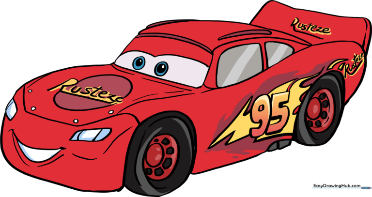 A vibrant, completed drawing of Lightning McQueen, showcasing the final result of the tutorial.