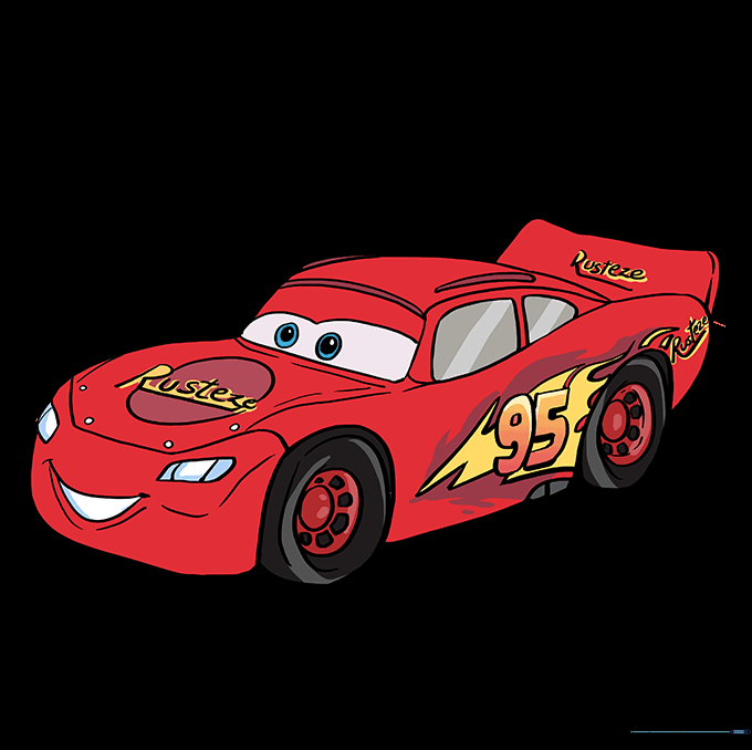 The finished Lightning McQueen drawing fully colored in red, yellow, and orange.