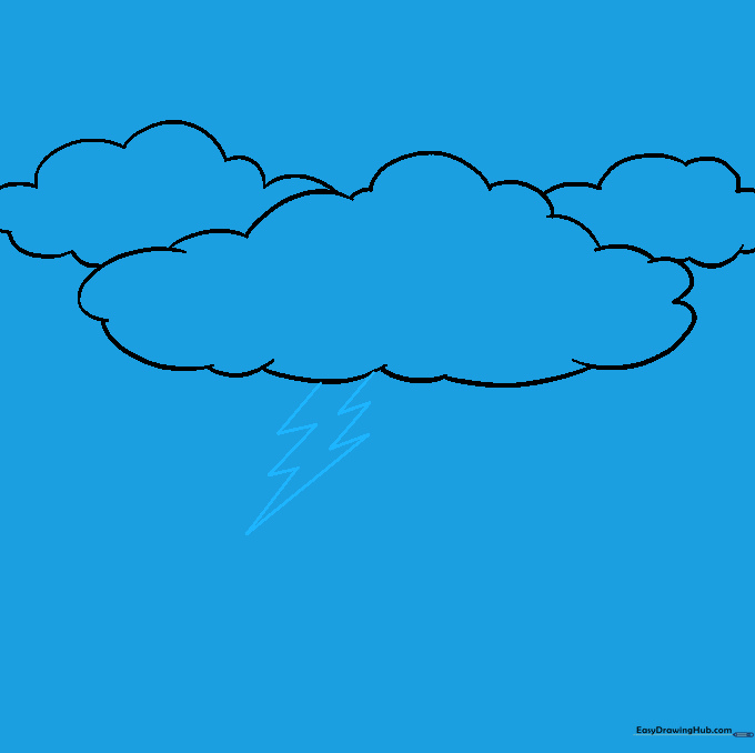 A sharp, jagged lightning bolt extending downward from the central cloud.
