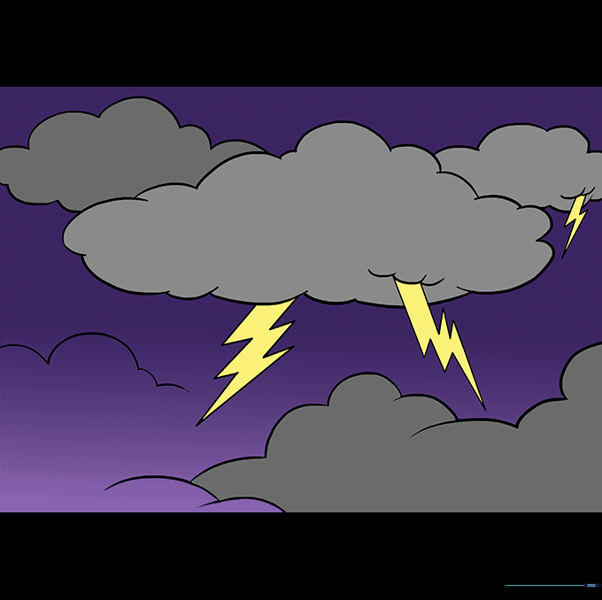 The completed lightning drawing, fully colored with dark storm clouds and bright yellow bolts.
