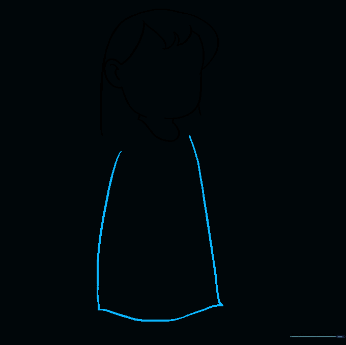 Drawing the main body of Lilo's dress using two long vertical curved lines.